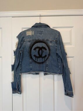 LOLO Distressed Cropped Denim Jacket Medium Blue CC Drip Graphic Streetwear